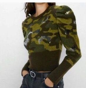 ZARA | Camo Sweater Cropped Sequin Details Military Green Sz LARGE